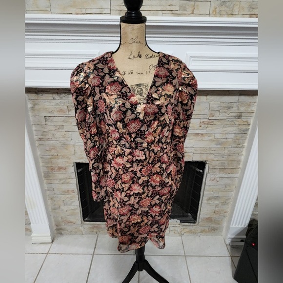 EXPRESS Floral Metallic Gold Puff Sleeve Shoulder Sheath Wrap Dress Size large - Picture 3 of 15